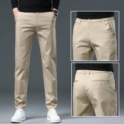Men’s Classic Straight-Leg Cotton Trousers – 98% Cotton, Breathable Business Casual Pants with Elastic Comfort – Ideal for Spring &amp; Summer