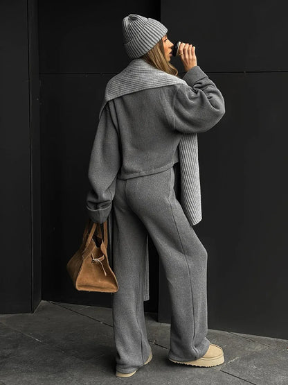 Tornova Women's Elegant Knit Two-Piece Set – Zipper Jacket & Wide-Leg Pants Casual Outfit