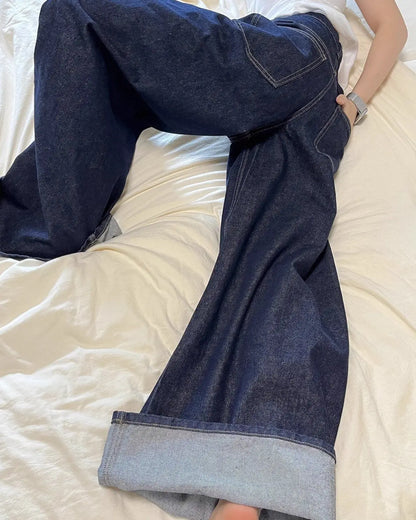 New Unisex Black Washed Wide-Leg Jeans – High Street Style Loose Straight Pants for Autumn and Winter