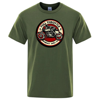 Full Throttle Motorcycle Graphic T-Shirt – Rockabilly Biker Style Cotton Tee for Men, Casual Loose Fit Summer Top