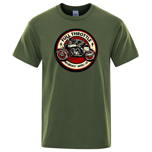 Full Throttle Motorcycle Graphic T-Shirt – Rockabilly Biker Style Cotton Tee for Men, Casual Loose Fit Summer Top