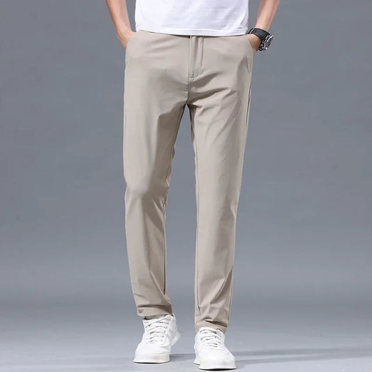 Men's Summer Lightweight Stretch Suit Pants – Slim Fit Korean Style Business Casual Trousers with Elastic Waist