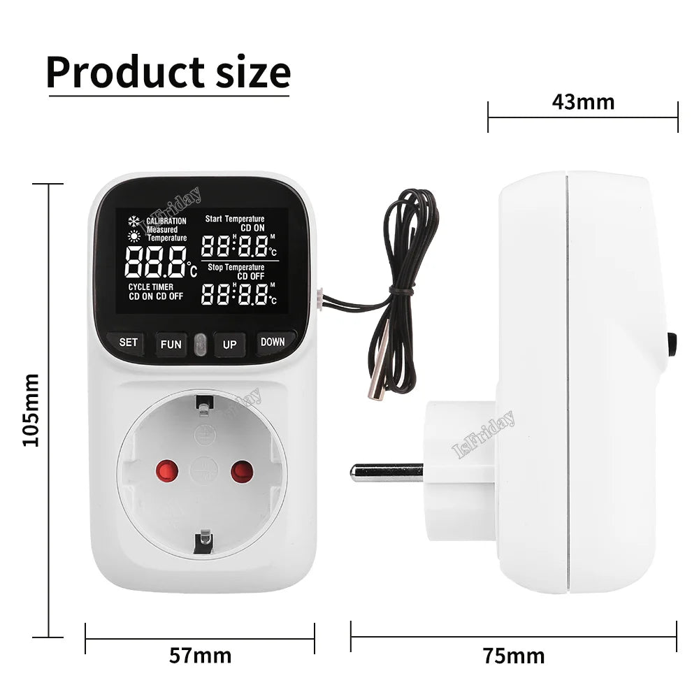 Smart Thermostat Plug with Temperature Control – 16A EU Socket, LCD Display, Timer & Sensor, 220V High-Precision