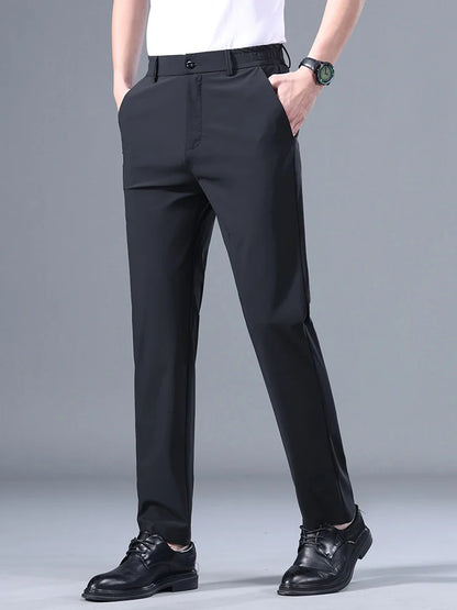 Men's Summer Classic Stretch Suit Trousers – Lightweight Business Casual Pants with Elastic Waist in Black, Gray, or Blue