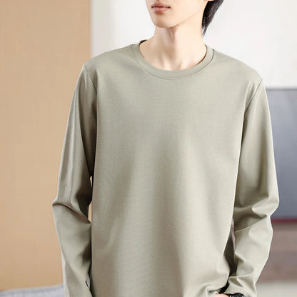 Men's Summer Long Sleeve T-shirt – Solid Color, Round Neck, Casual Style, Made from Mercerized Cotton