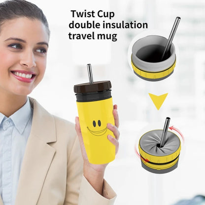 Portable Coffee Cup with Straw, Innovative Twist-On Lid Thermos Mug, Drinking Cup with Straw for Juice, Coffee, and Water, BPA-Free