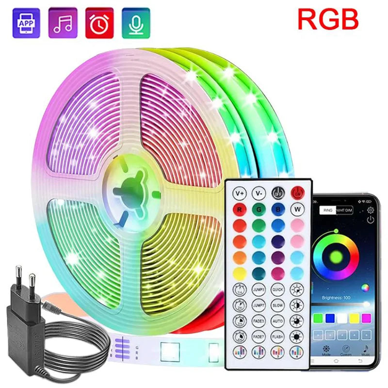 RGB LED Strip Lights with Music Sync – Flexible Lighting Ribbon for Room, Bedroom, and TV Backlight Decoration (10m/20m/30m)