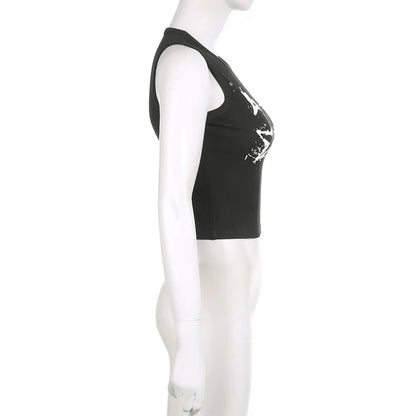 Y2K Ribbed Sleeveless Crop Tank Top for Women – Guitar Print Grunge Harajuku 90s Streetwear Casual Vest Tee