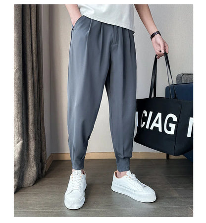 Men’s Spring & Summer Casual Solid Color Ice Silk Trousers — Korean Style Slim Ankle Pants with Zipper Detail, Smooth & Lightweight for a Handsome Look