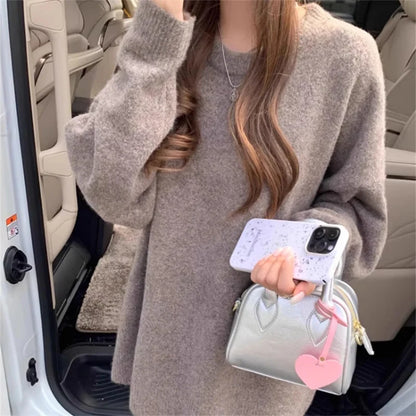 Korean Style Mid-Length Loose Knit Sweater for Women – Casual Solid O-Neck Pullover for Autumn/Winter Streetwear