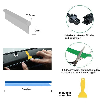 1/3/5M Flexible EL Wire Neon LED Strip for Car Interior Decoration – USB Powered DIY Ambient &amp; Party Lighting