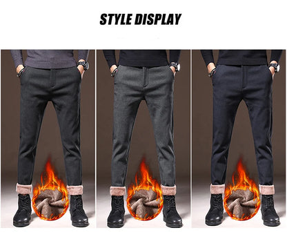 Men's Winter Fleece-Lined Slim Fit Pants – Thick Warm Straight-Leg Casual Business Trousers (Sizes 28-38)