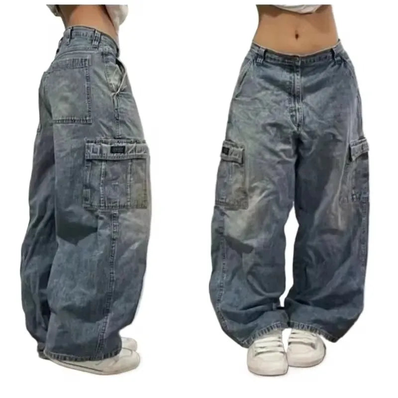 Streetwear PROTECT Embroidered Jeans for Men – Y2K Vintage Blue Baggy, High Waist, Wide Leg Harajuku Hip Hop Pants