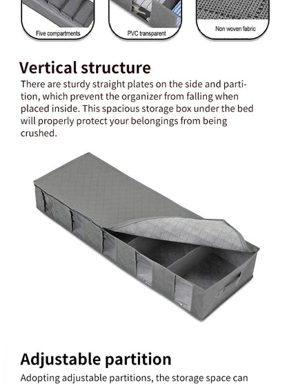 Foldable Underbed Storage Organizer with Large Adjustable Compartments for Clothes, Shoes, Blankets, and Toys