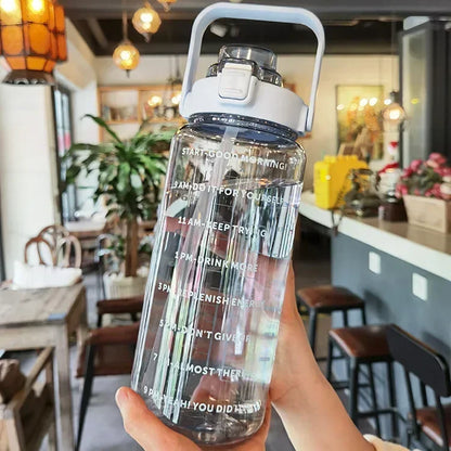 2L Large Capacity Sports Water Bottle with Straw – Time Marker Leakproof Plastic Cup for Fitness & Outdoor Use