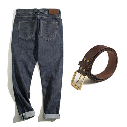 Maden 14oz Men's Vintage Selvedge Denim Jeans – Straight Fit with Horsehide Patch & Paris Buckle, Autumn/Winter Style