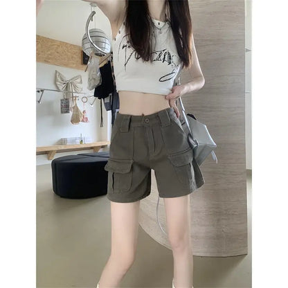 Women's Retro Mid-Waist Cargo Shorts – Casual Summer Streetwear with Pockets