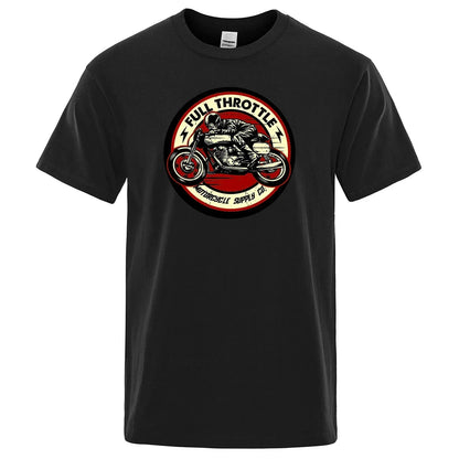 Full Throttle Motorcycle Graphic T-Shirt – Rockabilly Biker Style Cotton Tee for Men, Casual Loose Fit Summer Top