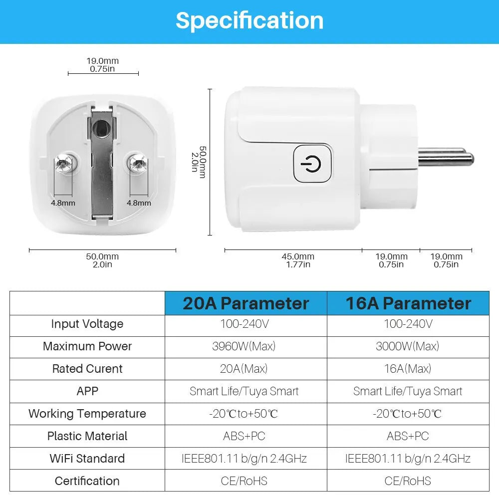 Tuya 16A/20A EU WiFi Smart Plug – Voice Control, Power Monitoring &amp; Timer Function – Works with Alexa &amp; Google Assistant