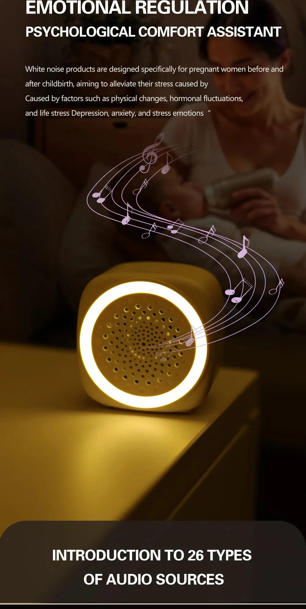 RGB Light Baby White Noise Machine with Timer, Sleep Sound Player, Night Light, USB Rechargeable - White