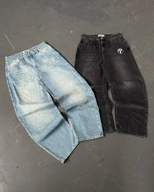 Streetwear PROTECT Embroidered Jeans for Men – Y2K Vintage Blue Baggy, High Waist, Wide Leg Harajuku Hip Hop Pants