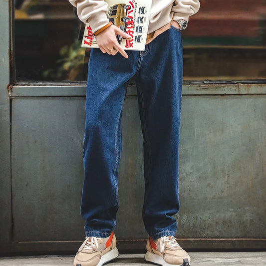 Maden Retro Washed Denim Jeans for Men – 12.8oz Loose Straight Baggy Fit, Oversized Fashion Pants in 2 Colors (Sizes 28–38)