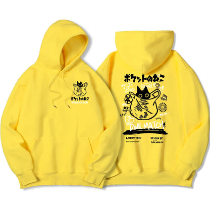 Y2K Harajuku Kawaii Cat Couple Print Hoodie – Unisex Oversized Fleece Pullover for Autumn, Warm Hip Hop Style Sweatshirt
