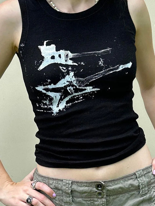 Y2K Ribbed Sleeveless Crop Tank Top for Women – Guitar Print Grunge Harajuku 90s Streetwear Casual Vest Tee