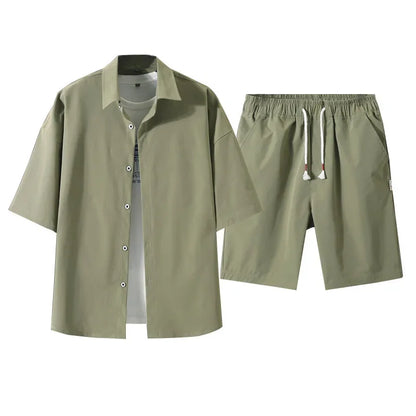 2025 Trendy Korean-Style Men's Summer Outfit – Casual Two-Piece Set Featuring Short Sleeve Shirt &amp; Matching Shorts, Stylish High Street Look for Daily &amp; Streetwear Fashion