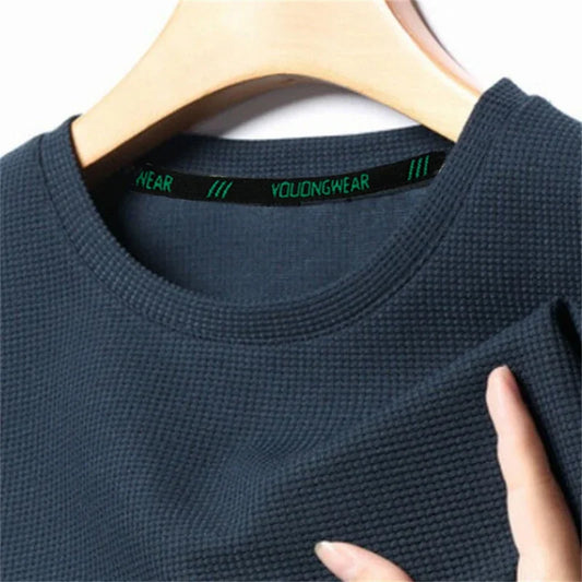 Men’s Summer Casual Waffle O-Neck Short Sleeve T-Shirt – Breathable Solid Color Fashion Tee