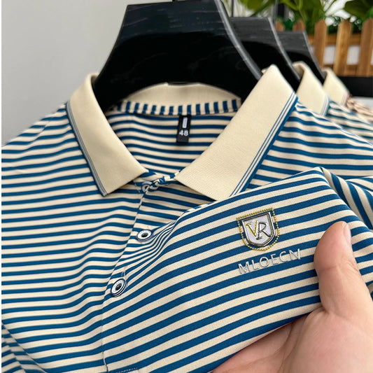 Premium Cotton Men's Summer Polo Shirt – 2024 Soft Short Sleeve Tee with Stripe Accents & Brand Badge Design