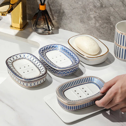 Luxury Ceramic Soap Dish with Irregular Stripes and Perforated Drainage – Household Bathroom Accessory with Washstand Gargle Cup