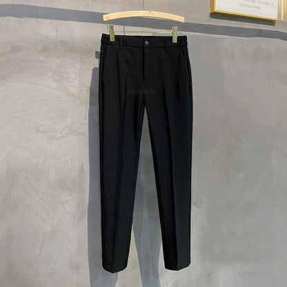 2025 Spring-Summer Men's Slim Fit Casual Business Jogger Pants with Elastic Waist, Available in Plus Sizes 40 and 42, Black