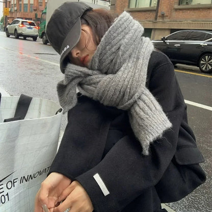 High-End Korean Style Thick Knit Scarf for Women – Warm Woolen Solid Color Winter & Autumn Wrap