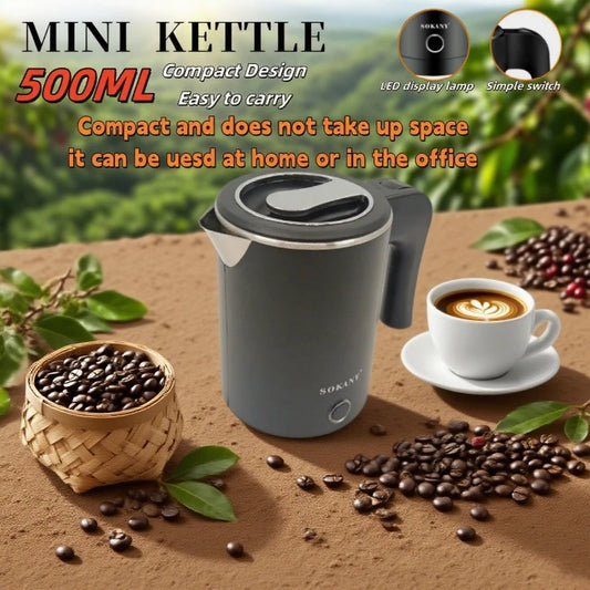 500ML Portable Electric Kettle – Stainless Steel Travel Water Boiler for Tea, Coffee, Home, Hotel &amp; Outdoor Use