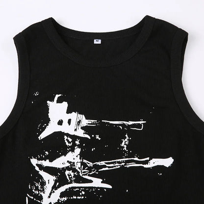 Y2K Ribbed Sleeveless Crop Tank Top for Women – Guitar Print Grunge Harajuku 90s Streetwear Casual Vest Tee