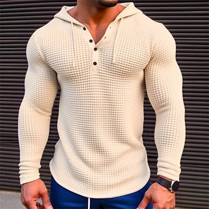 Men's Slim Fit Waffle Knit Long Sleeve Pullover – Solid Color Casual Streetwear Top, Comfortable Outdoor T-Shirt (Sizes M-3XL)