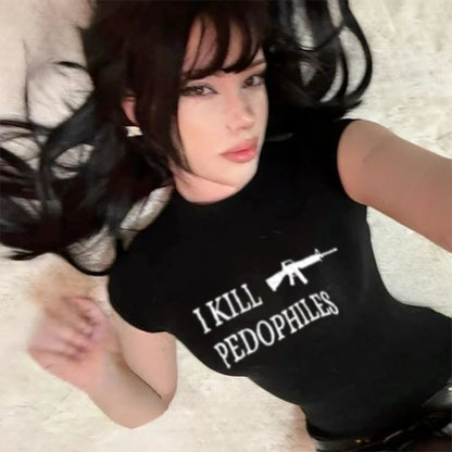 Y2K Grunge Punk Slim Crop T-Shirt for Women – Short Sleeve Printed Gothic Harajuku Emo Streetwear Tee