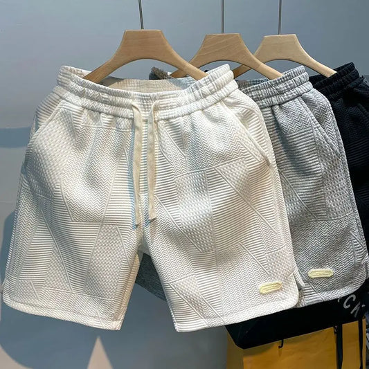 Men’s Summer Running Shorts – Casual Jogging Sport Shorts with Wave Pattern, Solid Color, Drawstring Waist, Loose Fit, Quick-Dry Gym & Sportswear