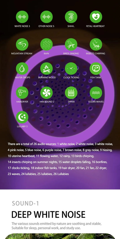 RGB Light Baby White Noise Machine with Timer, Sleep Sound Player, Night Light, USB Rechargeable - White