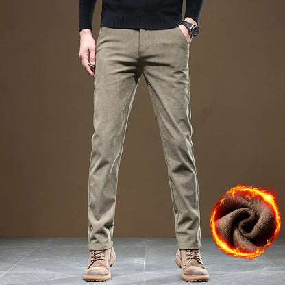 2024 New Men’s Winter Fleece-Lined Corduroy Pants – Slim Fit, Stretchy, Thickened Casual & Business Trousers in Gray & Khaki