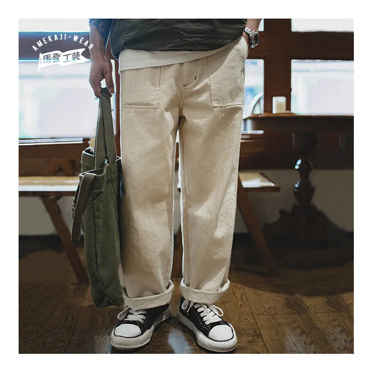 Maden Vintage Style 11.2oz White Cottonseed Hull Loose Straight-Leg Jeans for Men – Casual Spring &amp; Autumn Chino-Inspired Cargo Trousers &nbsp;
