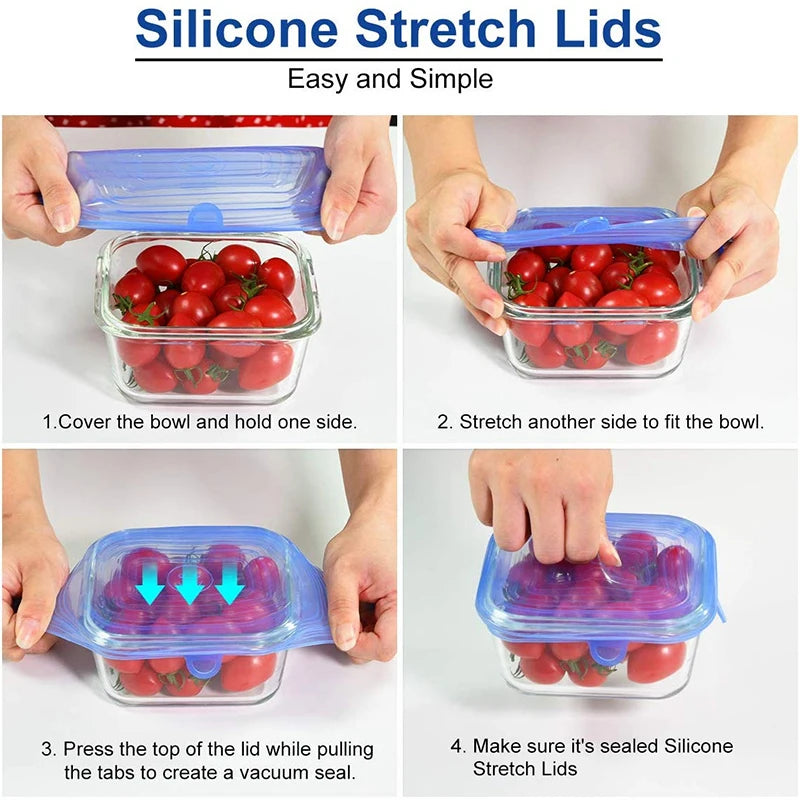 6PCS Square Silicone Stretch Lids – Reusable Elastic Food Covers for Fresh Sealing and Kitchen Use