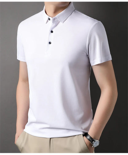 Luxury Summer Men’s Polo Shirt – Premium Plain Design with 4.7% Mulberry Silk, Short Sleeve, Lightweight Casual Fashion Top