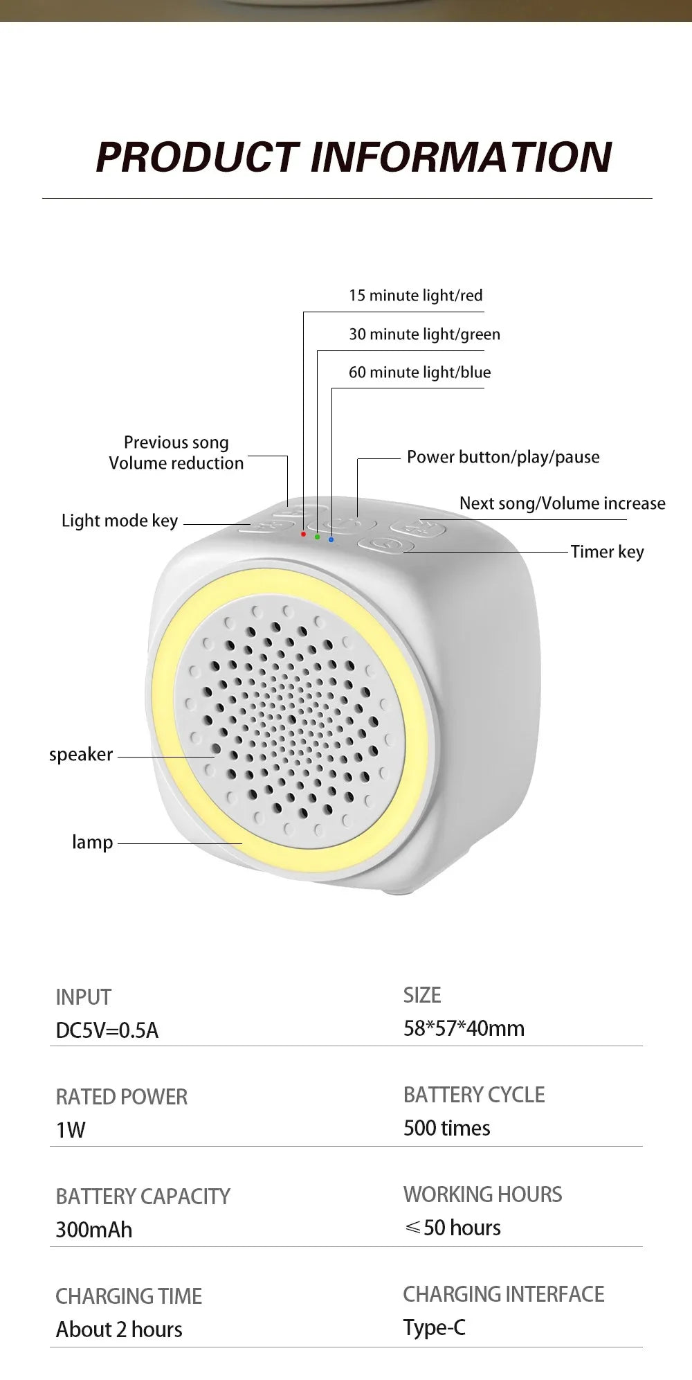RGB Light Baby White Noise Machine with Timer, Sleep Sound Player, Night Light, USB Rechargeable - White