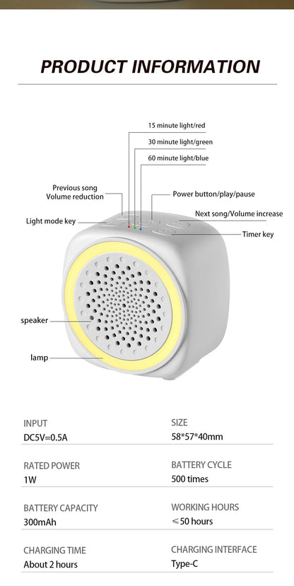 RGB Light Baby White Noise Machine with Timer, Sleep Sound Player, Night Light, USB Rechargeable - White