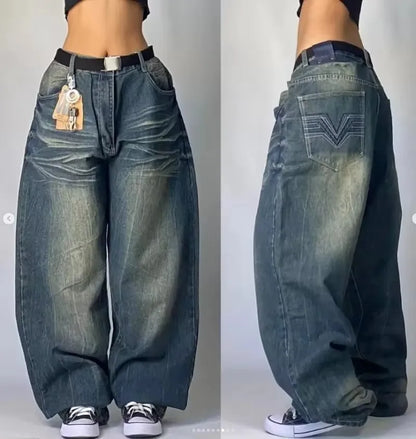 Streetwear PROTECT Embroidered Jeans for Men – Y2K Vintage Blue Baggy, High Waist, Wide Leg Harajuku Hip Hop Pants