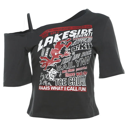 Y2K Gothic Off-Shoulder Crop Top – Women's Punk Style Letter Print T-Shirt, Harajuku Aesthetic Grunge Streetwear for Summer