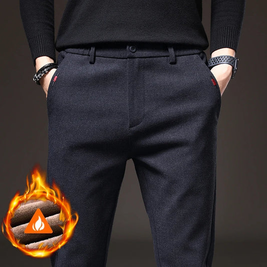Men's Winter Fleece-Lined Slim Fit Pants – Thick Warm Straight-Leg Casual Business Trousers (Sizes 28-38)