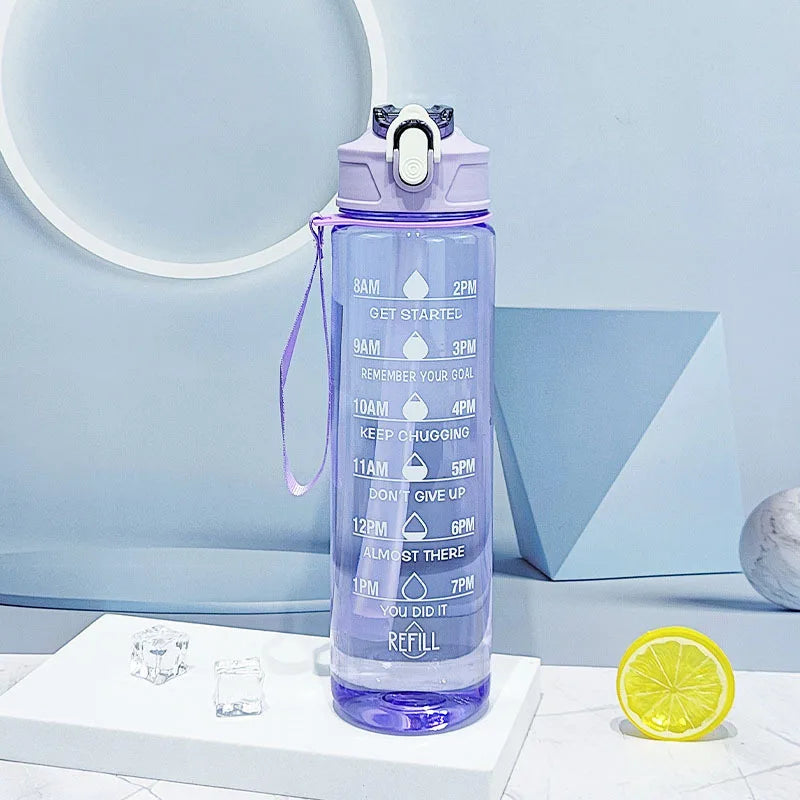Time-Marked Sports Water Bottle with Straw and Leak-Proof Flip Lock – Portable Hydration Bottle for Outdoor Activities